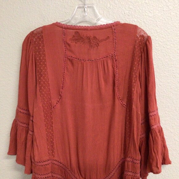 Free People Boho Tunic Top Blouse Size XS Pin Tuck Buttons Burnt Orange - Picture 4 of 10